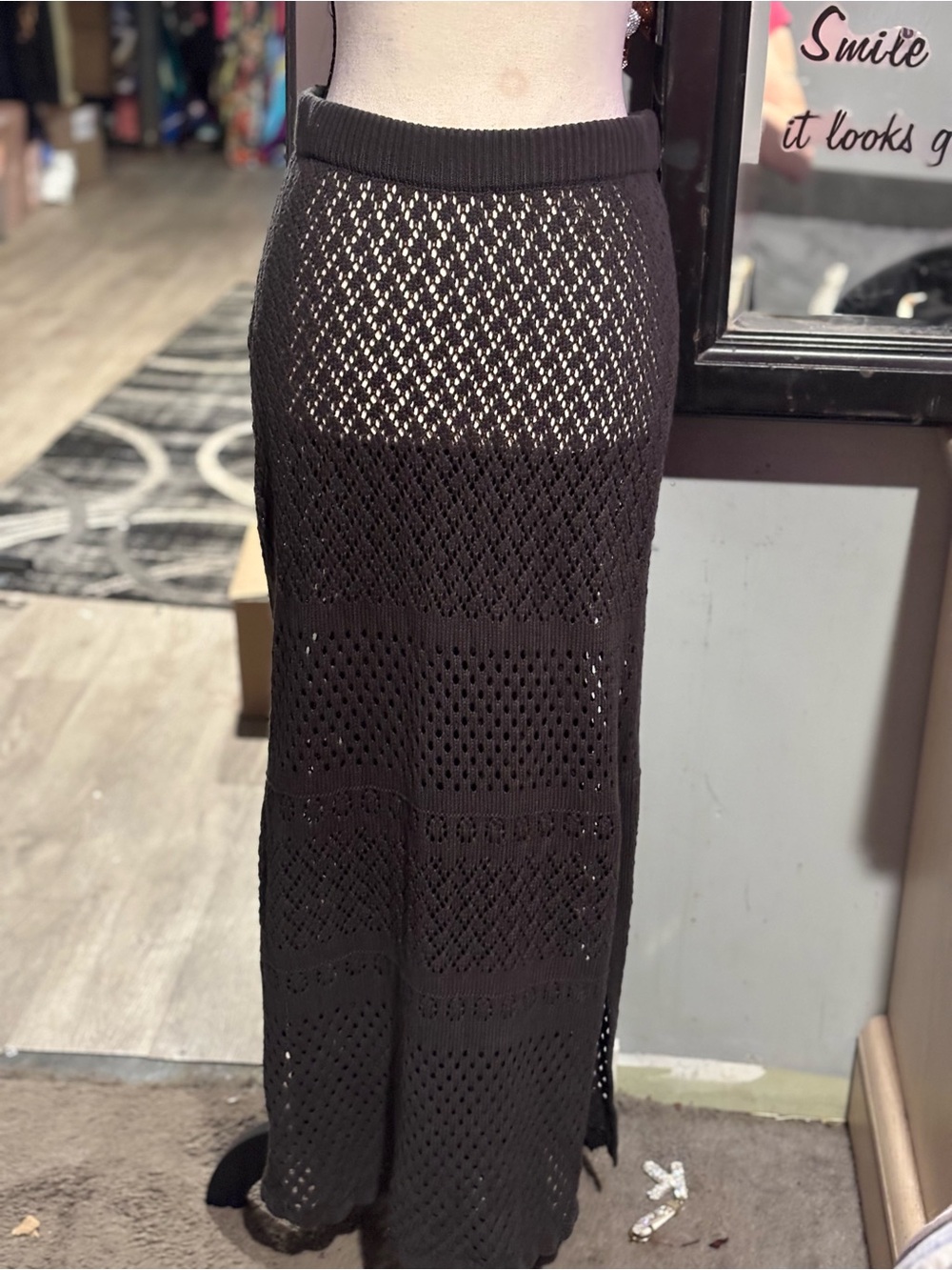 NWT aerie Black Crochet Maxi Cover Up Skirt Slits MSR$60 & Free Beauty Gift Bag